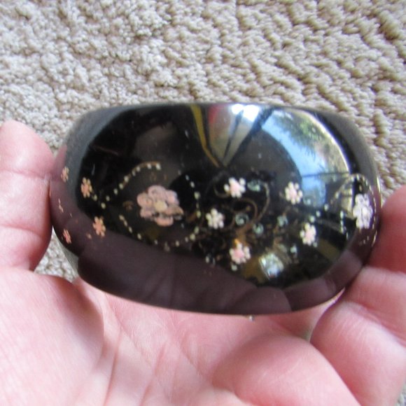 Hand Painted Black Floral Lucite Wide Bangle - Picture 1 of 4